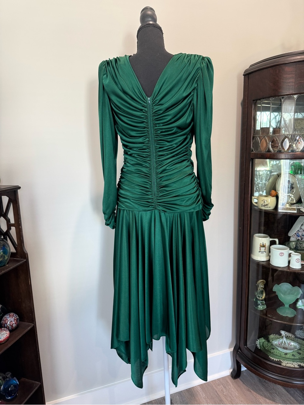 Draped Emerald Green Satin-Effect Dress by FiligreeThe 80's does the 20's - Picture 2 of 5